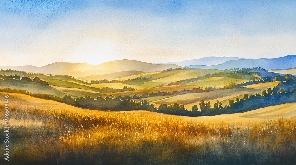 Watercolor painting of a sunset over rolling hills. Watercolor painting of a sunset over rolling hills.