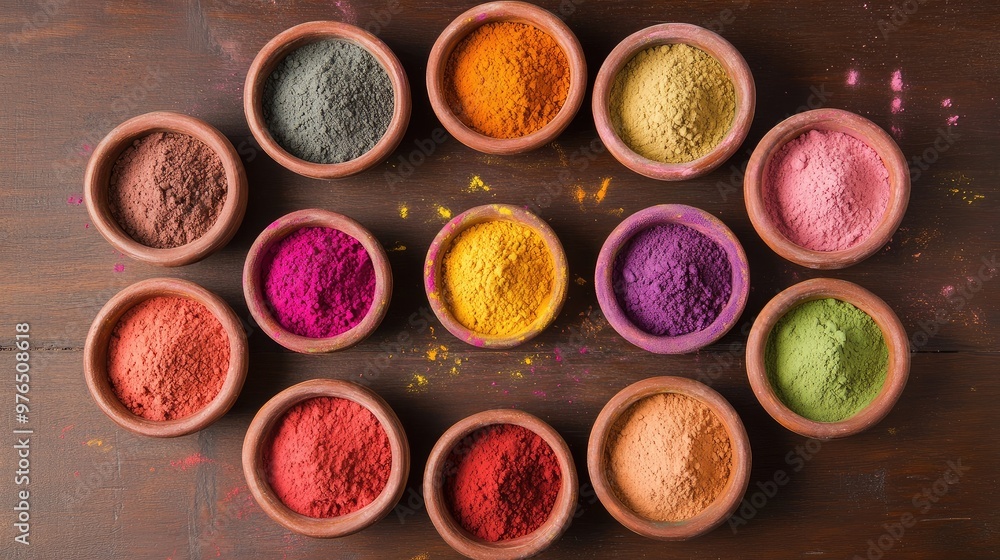 A collection of traditional Holi gulal powders in earthen bowls, placed in a circular arrangement on a wooden surface. A collection of traditional Holi gulal powders in earthen bowls, placed in a circular arrangement on a wooden surface.