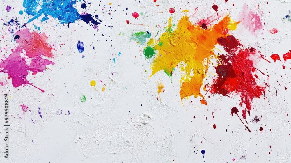 Abstract image of multicolored Holi paint splatters on a white wall, creating an artistic and energetic backdrop. Abstract image of multicolored Holi paint splatters on a white wall, creating an artistic and energetic backdrop.