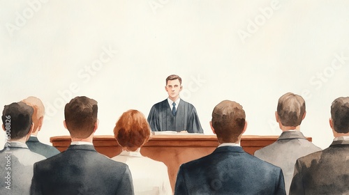 Vibrant watercolor illustration of a grand courtroom with a judge presiding over a trial