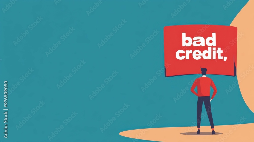 A man standing in front of a large red bad credit sign symbolizing debt financial challenges and economic instability. A man standing in front of a large red bad credit sign symbolizing debt financial challenges and economic instability.