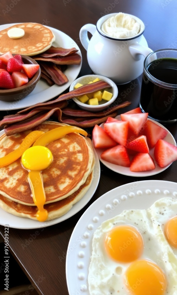 classic breakfast spread with pancakes, bacon, eggs, and fresh fruit. classic breakfast spread with pancakes, bacon, eggs, and fresh fruit.