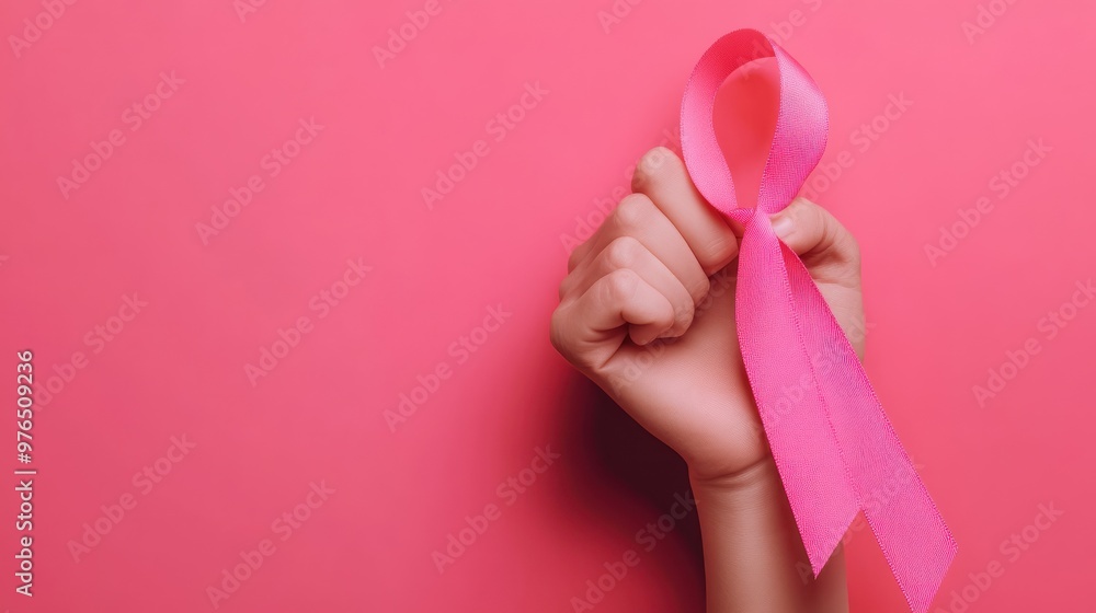 Pink Ribbon Awareness Symbol in Hand on Pink Background Pink Ribbon Awareness Symbol in Hand on Pink Background