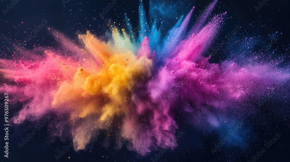 Close-up of multicolored powder explosion captured in mid-air, forming a beautiful burst of colors on a dark background. Close-up of multicolored powder explosion captured in mid-air, forming a beautiful burst of colors on a dark background.
