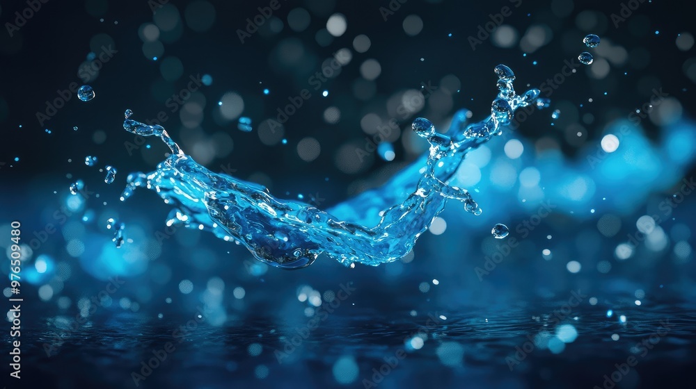 Detailed shot of a single splash of blue Holi water, frozen mid-air, with droplets scattering against a dark background. Detailed shot of a single splash of blue Holi water, frozen mid-air, with droplets scattering against a dark background.