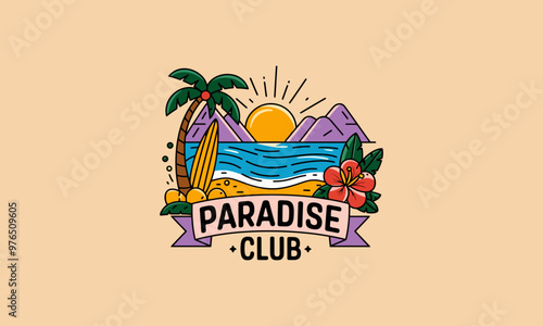 Paradise beach club logo with sunset, palm tree, and waves