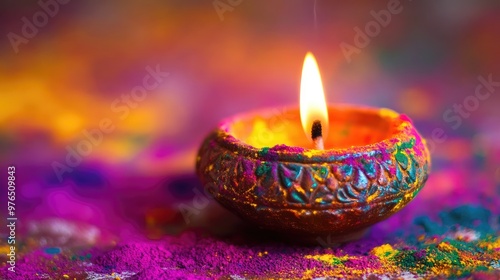 Macro shot of a traditional earthen diya covered in multicolored Holi powder, with intricate designs visible on its surface.