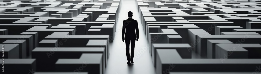 A solitary figure navigates through a complex maze, symbolizing challenges and decision-making paths in life. A solitary figure navigates through a complex maze, symbolizing challenges and decision-making paths in life.