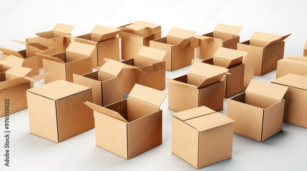 A group of open cardboard boxes on a white background. A group of open cardboard boxes on a white background.