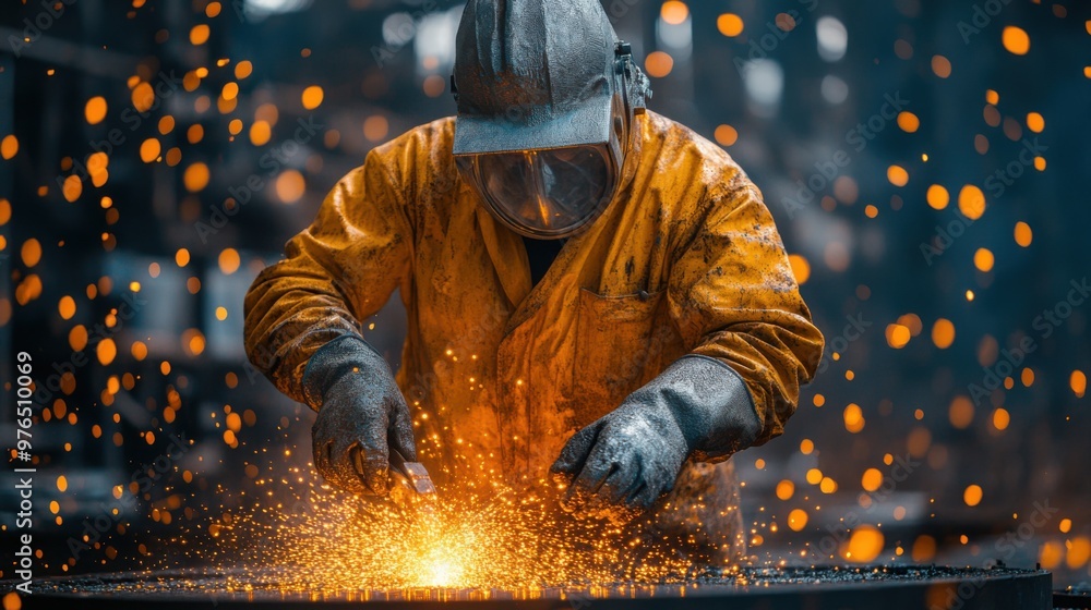Industrial Worker Operating Furnace in Metal Foundry with Dramatic Lighting and Intense Heat, A Gritty Atmosphere Industrial Worker Operating Furnace in Metal Foundry with Dramatic Lighting and Intense Heat, A Gritty Atmosphere