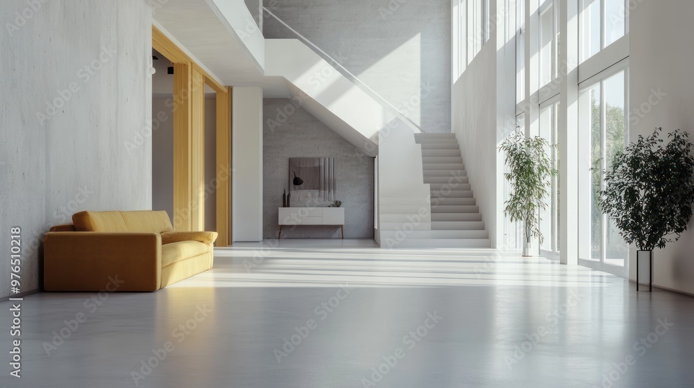 Modern Interior Design with Yellow Sofa and Sunlit Staircase Modern Interior Design with Yellow Sofa and Sunlit Staircase