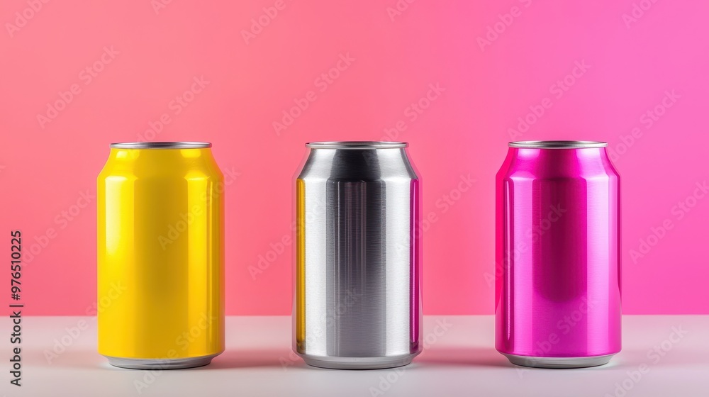 Colorful Aluminum Cans Mockup on Pink Background Colorful Aluminum Cans Mockup on Pink Background