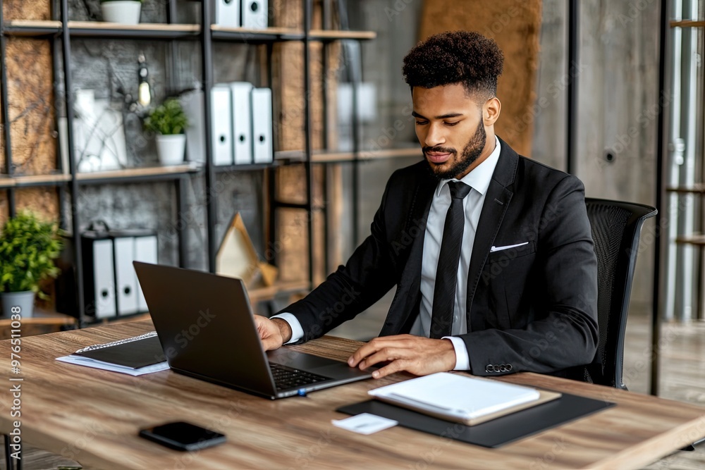 A professional man in a suit working on a laptop at a modern office desk, showcasing focus and productivity in a stylish workspace. A professional man in a suit working on a laptop at a modern office desk, showcasing focus and productivity in a stylish workspace.