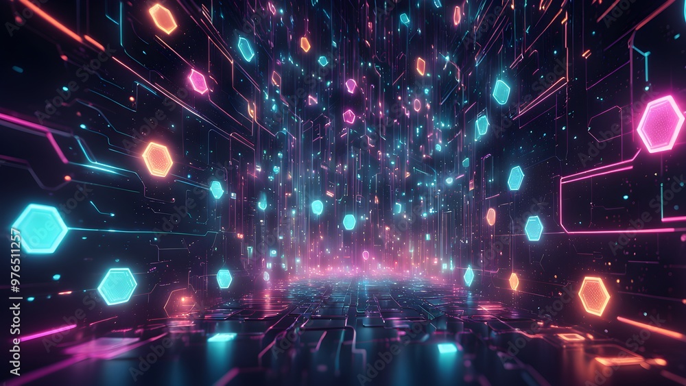 A futuristic, abstract scene with glowing hexagons and digital lines. A futuristic, abstract scene with glowing hexagons and digital lines.