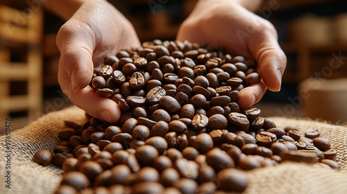 Close-up of hands pouring freshly roasted coffee beans from a burlap sack, capturing the essence of rich aroma and quality coffee.