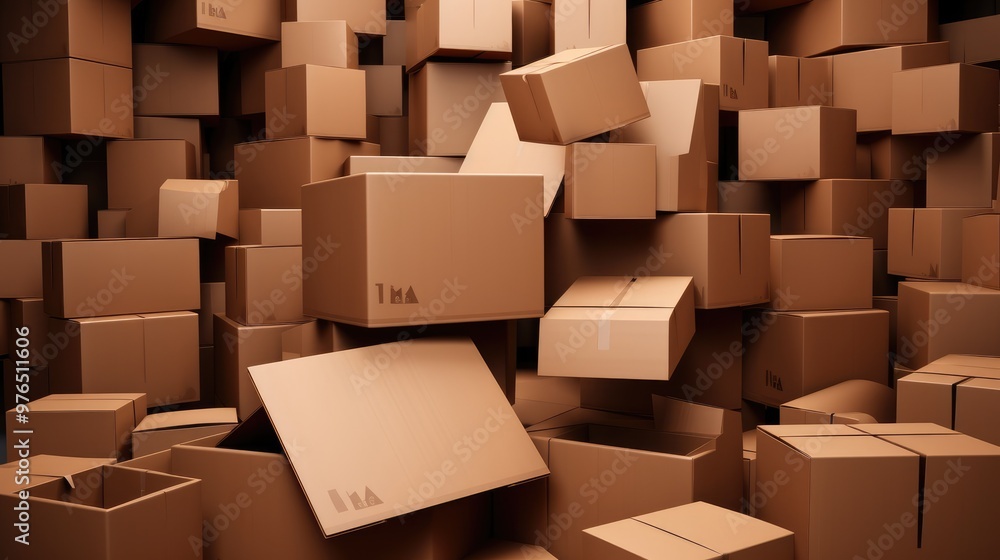 A wall of stacked cardboard boxes, some with the flaps open, in a warehouse setting. A wall of stacked cardboard boxes, some with the flaps open, in a warehouse setting.