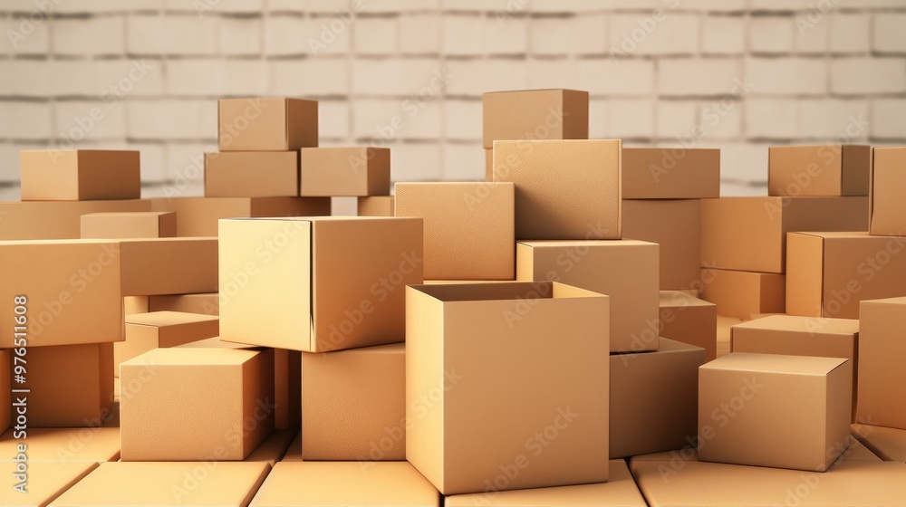 A large pile of cardboard boxes stacked against a brick wall. A large pile of cardboard boxes stacked against a brick wall.