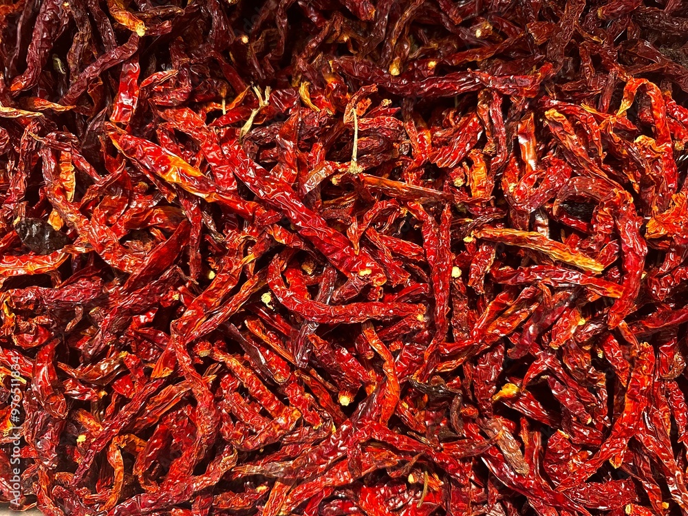 Fototapeta premium Top view of a group of red dried chilies sale at the groceries market in Malaysia.