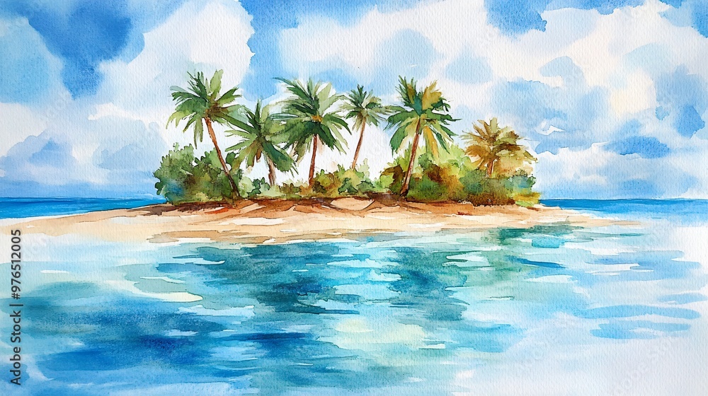Watercolor painting of a tropical island with palm trees and a blue sky. Watercolor painting of a tropical island with palm trees and a blue sky.