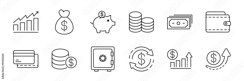 set of money thin line icon. money management, wallet, banking, ATM, piggy bank, investment profit, finance growth chart, money increase, finance icon collections. vector illustration set of money thin line icon. money management, wallet, banking, ATM, piggy bank, investment profit, finance growth chart, money increase, finance icon collections. vector illustration