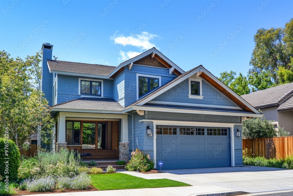 A beautiful powder blue modern craftsman style home featuring elegant design, spacious porch, lush landscaping, and contemporary aesthetics. A beautiful powder blue modern craftsman style home featuring elegant design, spacious porch, lush landscaping, and contemporary aesthetics.