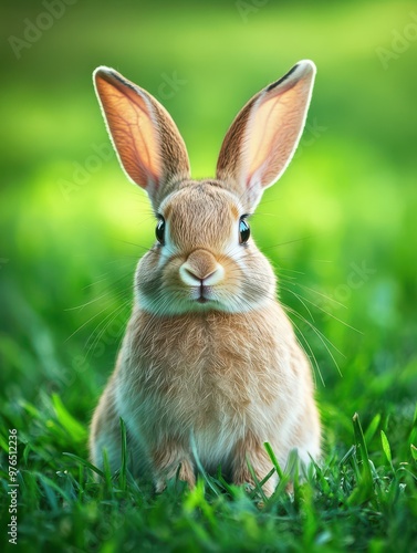 Cute Bunny Rabbit Sitting in Green Grass