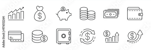 set of money thin line icon. money management, wallet, banking, ATM, piggy bank, investment profit, finance growth chart, money increase, finance icon collections. vector illustration