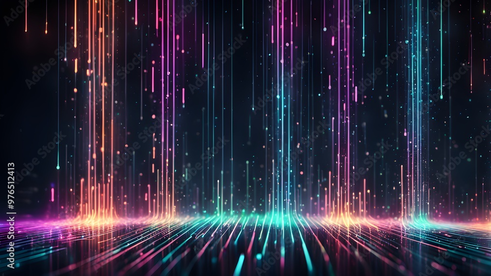 Abstract digital background with colorful glowing lines falling from the top and reflecting on the surface. Abstract digital background with colorful glowing lines falling from the top and reflecting on the surface.