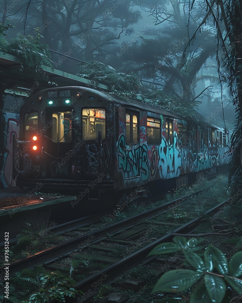 Obraz premium An abandoned subway train sits overgrown with vegetation in a mysterious forest.
