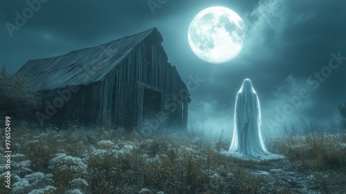 Eerie Ghostly Figure in Flowing Dress at Broken-Down Barn Entrance Under Full Moon Glow
