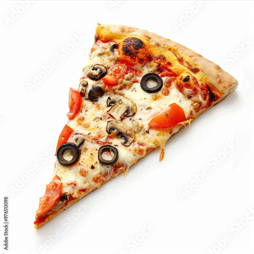 Pizza slice isolated on white background, online delivery from pizzeria, take away and fast food concept photo