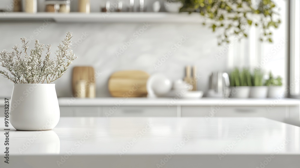 White Kitchen Countertop with Vase of Flowers White Kitchen Countertop with Vase of Flowers