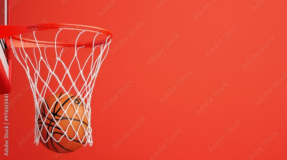 Basketball in Net on Red Background Basketball in Net on Red Background