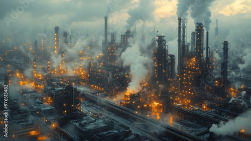 Industrial Symphony: Panoramic View of Factory Floor with Towering Machines and workers under Warm Lighting