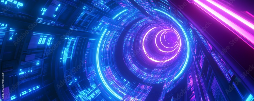 Futuristic tunnel with vibrant neon lights and patterns, creating a mesmerizing, immersive digital experience. Futuristic tunnel with vibrant neon lights and patterns, creating a mesmerizing, immersive digital experience.