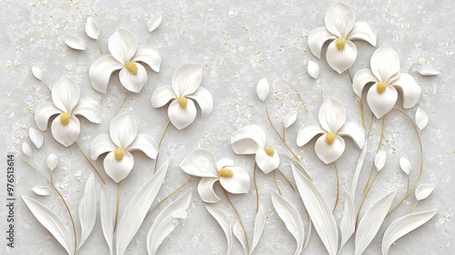 White  D Flowers on a Light Grey Background with Gold Accents