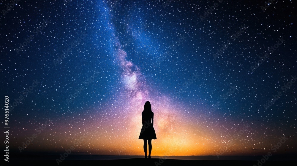 Woman Silhouetted Against Milky Way Galaxy at Night Woman Silhouetted Against Milky Way Galaxy at Night