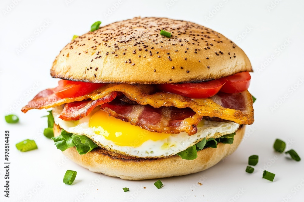 Breakfast Sandwich, A sandwich made with bread, rolls, or English muffins, filled with ingredients like eggs, bacon or sausage, and cheese, isolated on white background Breakfast Sandwich, A sandwich made with bread, rolls, or English muffins, filled with ingredients like eggs, bacon or sausage, and cheese, isolated on white background