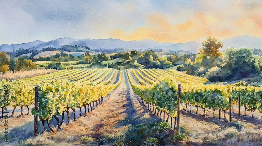 Obraz premium Watercolor painting of a vineyard in the rolling hills, with a warm sunset in the background.