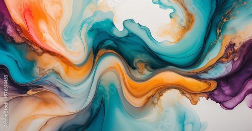 Abstract art with a vibrant mix of teal, orange, and purple hues, creating a fluid and dynamic swirling effect.