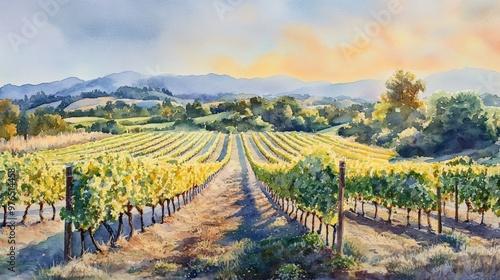 Watercolor painting of a vineyard in the rolling hills, with a warm sunset in the background.