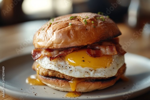 Breakfast Sandwich, A sandwich made with bread, rolls, or English muffins, filled with ingredients like eggs, bacon or sausage, and cheese.