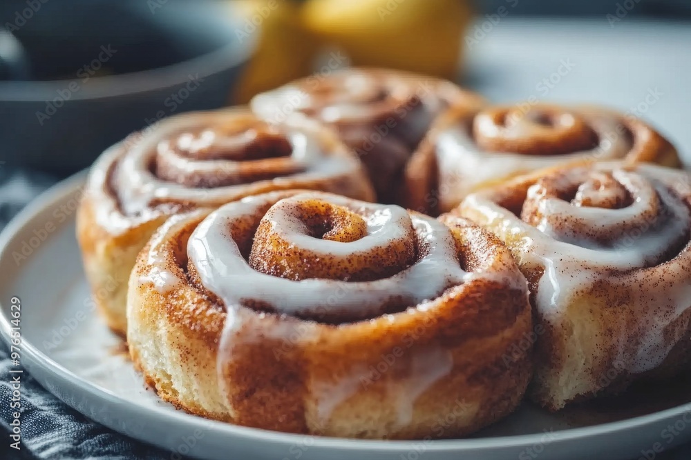 Cinnamon Roll, A sweet roll made from dough flavored with cinnamon and sugar, often topped with a cream cheese or glaze icing. Cinnamon Roll, A sweet roll made from dough flavored with cinnamon and sugar, often topped with a cream cheese or glaze icing.