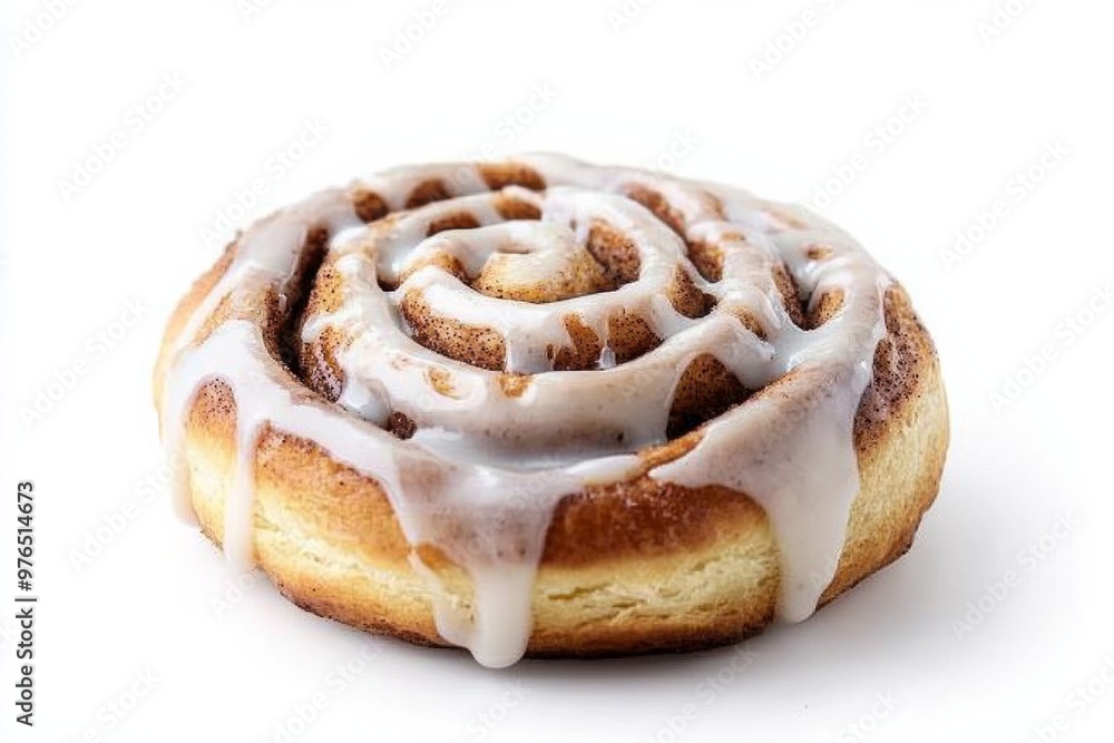 Cinnamon Roll, A sweet roll made from dough flavored with cinnamon and sugar, often topped with a cream cheese or glaze icing. Isolated on White Background Cinnamon Roll, A sweet roll made from dough flavored with cinnamon and sugar, often topped with a cream cheese or glaze icing. Isolated on White Background