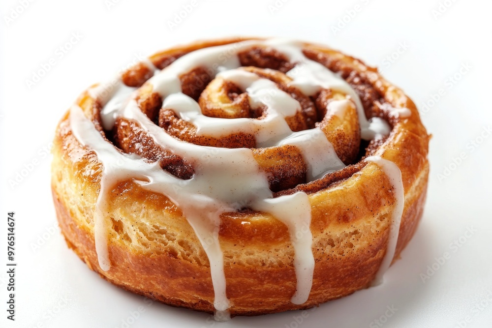 Cinnamon Roll, A sweet roll made from dough flavored with cinnamon and sugar, often topped with a cream cheese or glaze icing. Isolated on White Background Cinnamon Roll, A sweet roll made from dough flavored with cinnamon and sugar, often topped with a cream cheese or glaze icing. Isolated on White Background