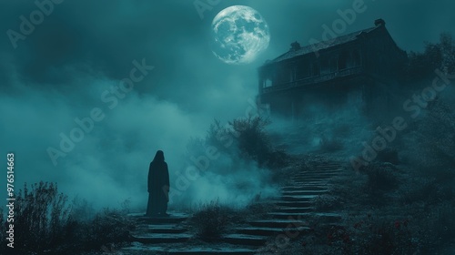Ghostly Figure at Haunted House on Hill: Eerie Shadows in Moonlit Garden