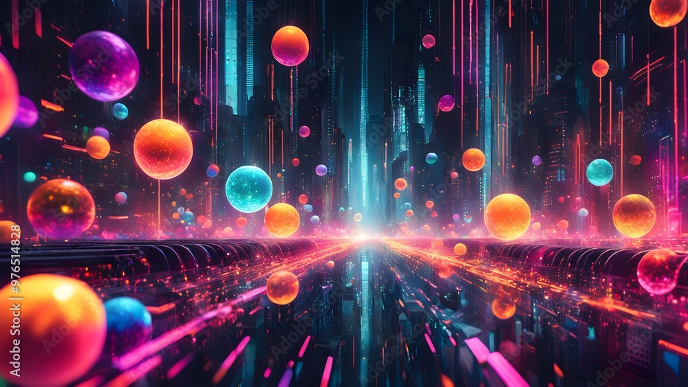 A futuristic city with glowing neon lights and vibrant orbs floating in the air, creating a surreal and dynamic scene. A futuristic city with glowing neon lights and vibrant orbs floating in the air, creating a surreal and dynamic scene.