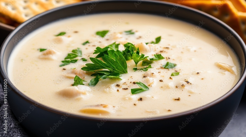 Creamy Clam Chowder Soup in Black Bowl with Parsley Garnish Creamy Clam Chowder Soup in Black Bowl with Parsley Garnish