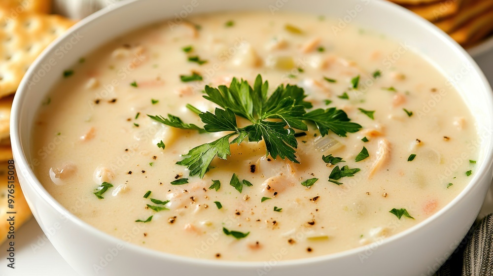 Creamy Clam Chowder Soup with Parsley and Crackers Creamy Clam Chowder Soup with Parsley and Crackers