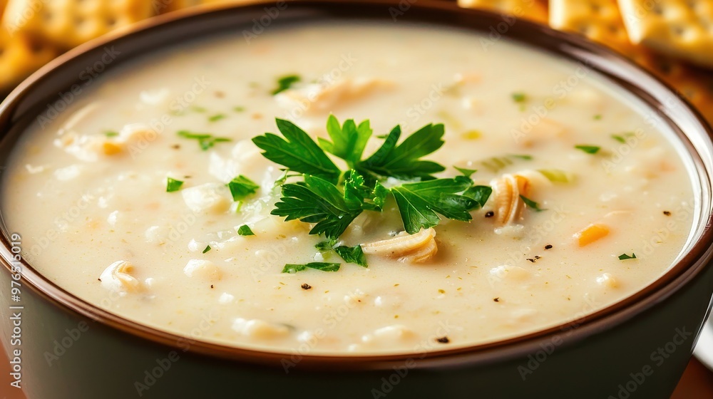 Creamy Clam Chowder Soup with Parsley and Crackers Creamy Clam Chowder Soup with Parsley and Crackers